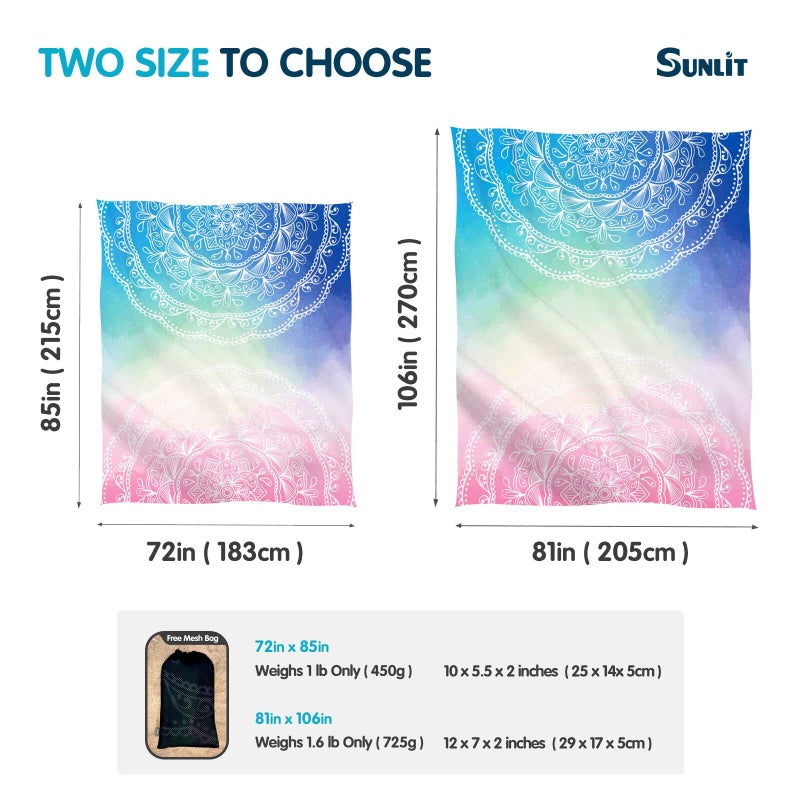 Sunlit Silky Soft 106"x81" Boho Sand Proof Beach Blanket Sand Proof Mat with Corner Pockets and Mesh Bag for Beach Party, Travel, Camping and Outdoor Music Festival, Blue and Pink Mandala - Image 2